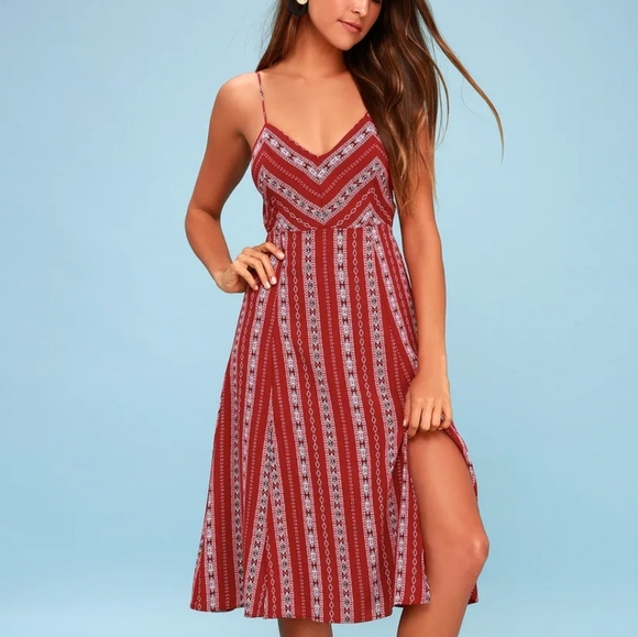 Red Rust Print Midi Dress with tie back - Picture 1 of 4